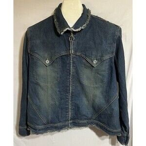 Ashley Stuart denim jacket raw hem rocker rockabilly biker Distressed Festival C